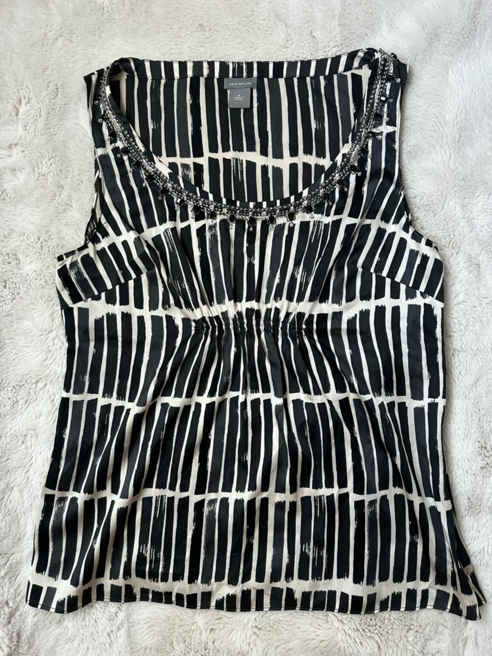 Ann Taylor Black and White Beaded Sleeveless Top